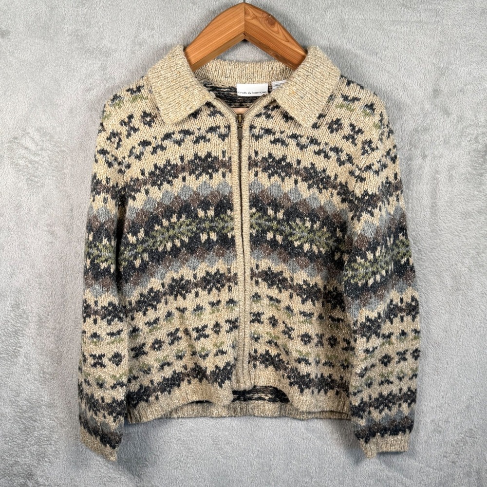 Croft & Barrow Full Zip Sweater Women L Tan Fair Isle L/S Wool Blend Cardigan